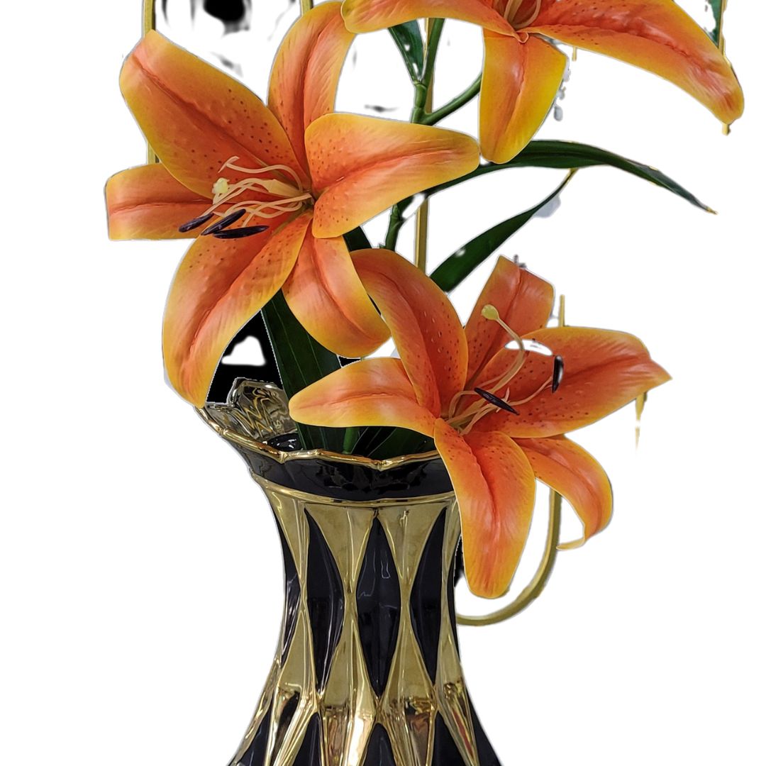florero negro dorado boca floreada ref: 191202C 41 de alto x 19 de ancho cms