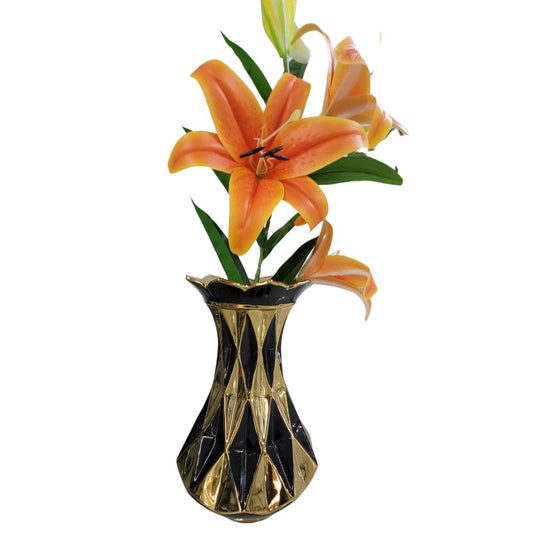 florero negro dorado boca floreada ref: 191202C 41 de alto x 19 de ancho cms